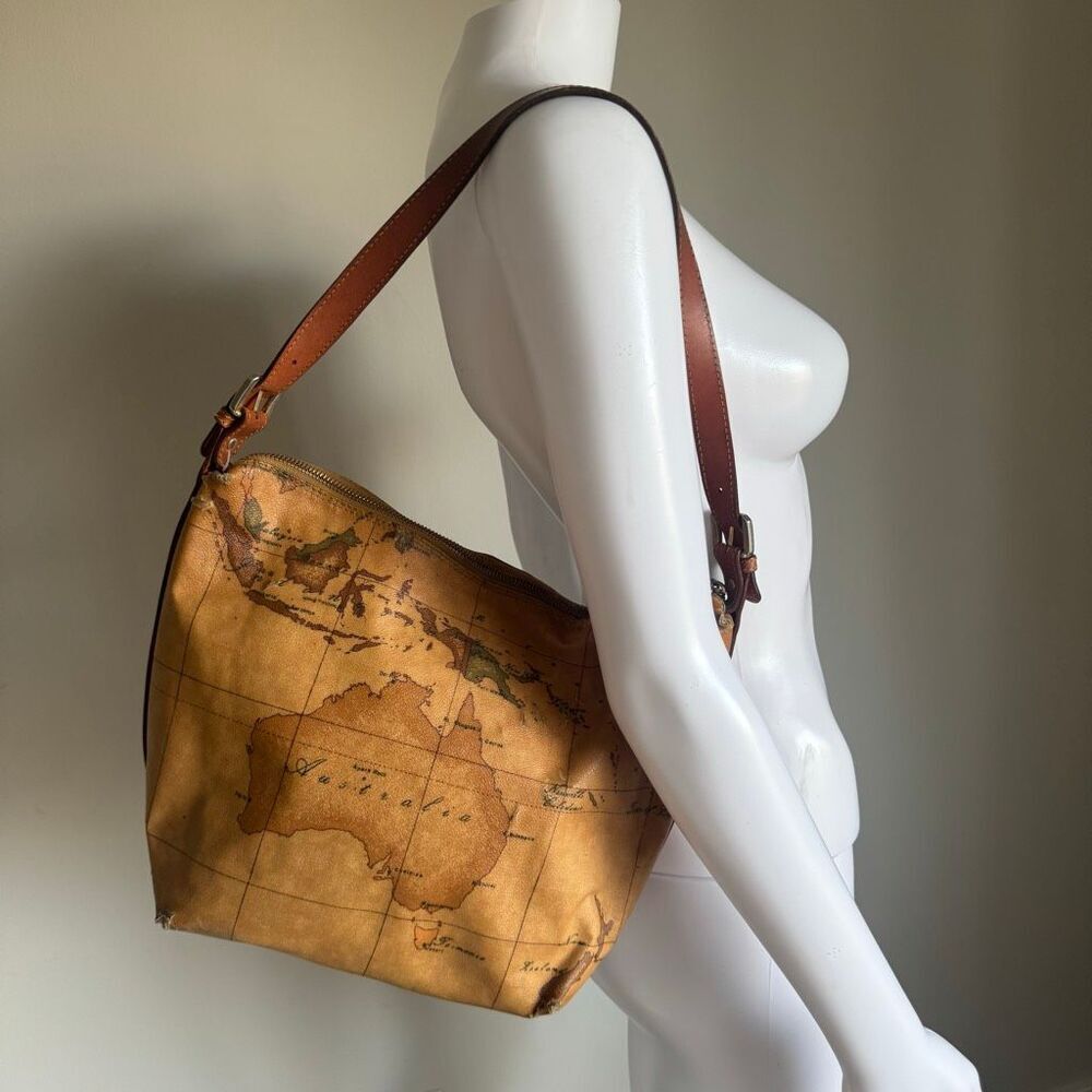 VTG Alviero Martini 1a Classe Geo Map Print Shoulder Bag Tan Brown - Picture 2 of 11
